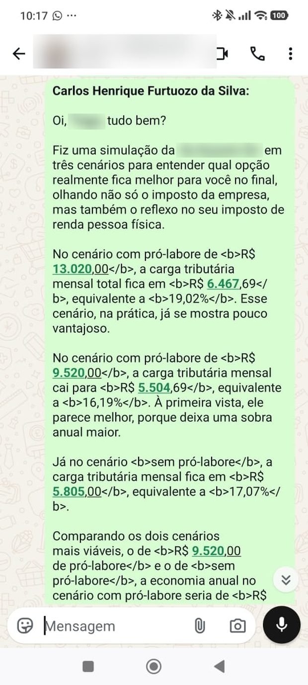 Mensagem de WhatsApp apresentando ao cliente a simulação dos três cenários de pró-labore