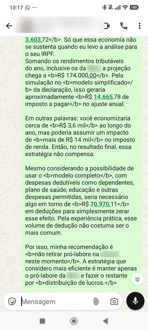 Mensagem de WhatsApp mostrando o impacto no imposto de renda da pessoa física e a recomendação final