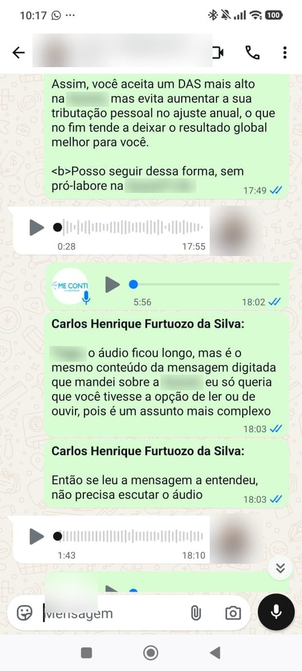 Mensagem de WhatsApp explicando que o cliente aceita um DAS mais alto para evitar aumento da tributação pessoal no ajuste anual
